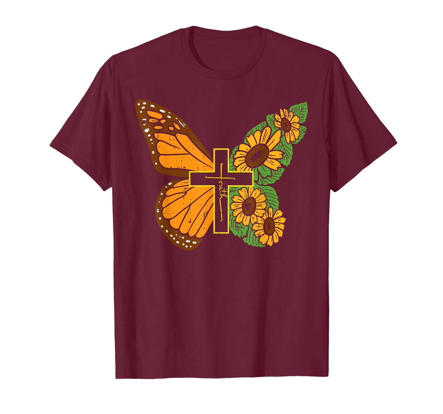Butterfly Sunflower Cross Faith God Jesus Christian Women T-Shirt