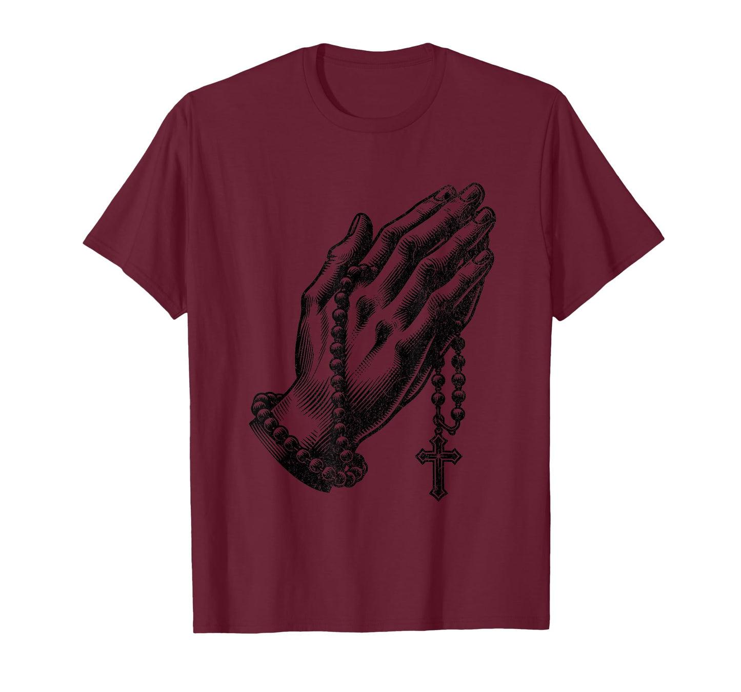 Catholic Rosary Beads Praying Hands Christian Religion T-Shirt, Small, Grey