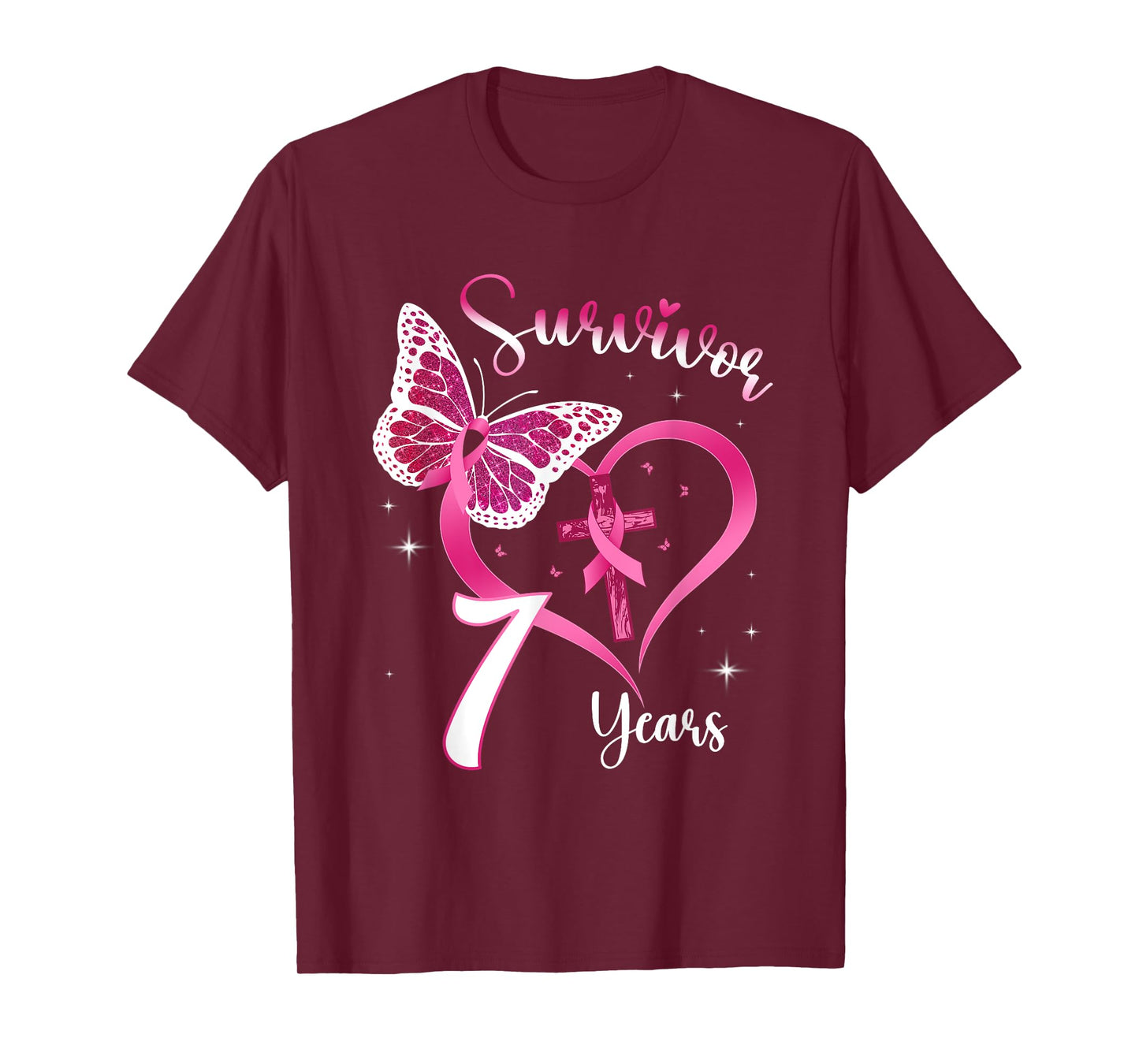 Breast Cancer Survivor Pink Ribbon Butterfly 7 Years Gift T-Shirt