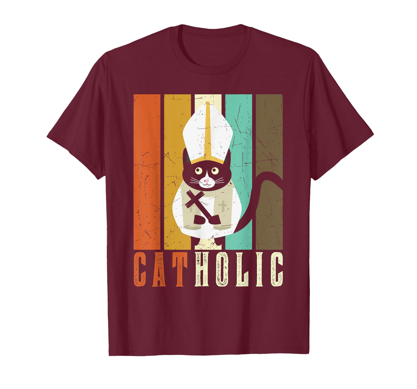 Funny Catholic T Shirts, Cat-holic Cat Lover Retro Vintage T-Shirt