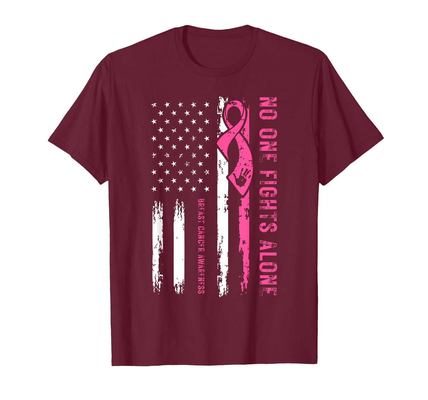 No One Fight Breast Cancer Alone Pink Ribbon American Flag T-Shirt