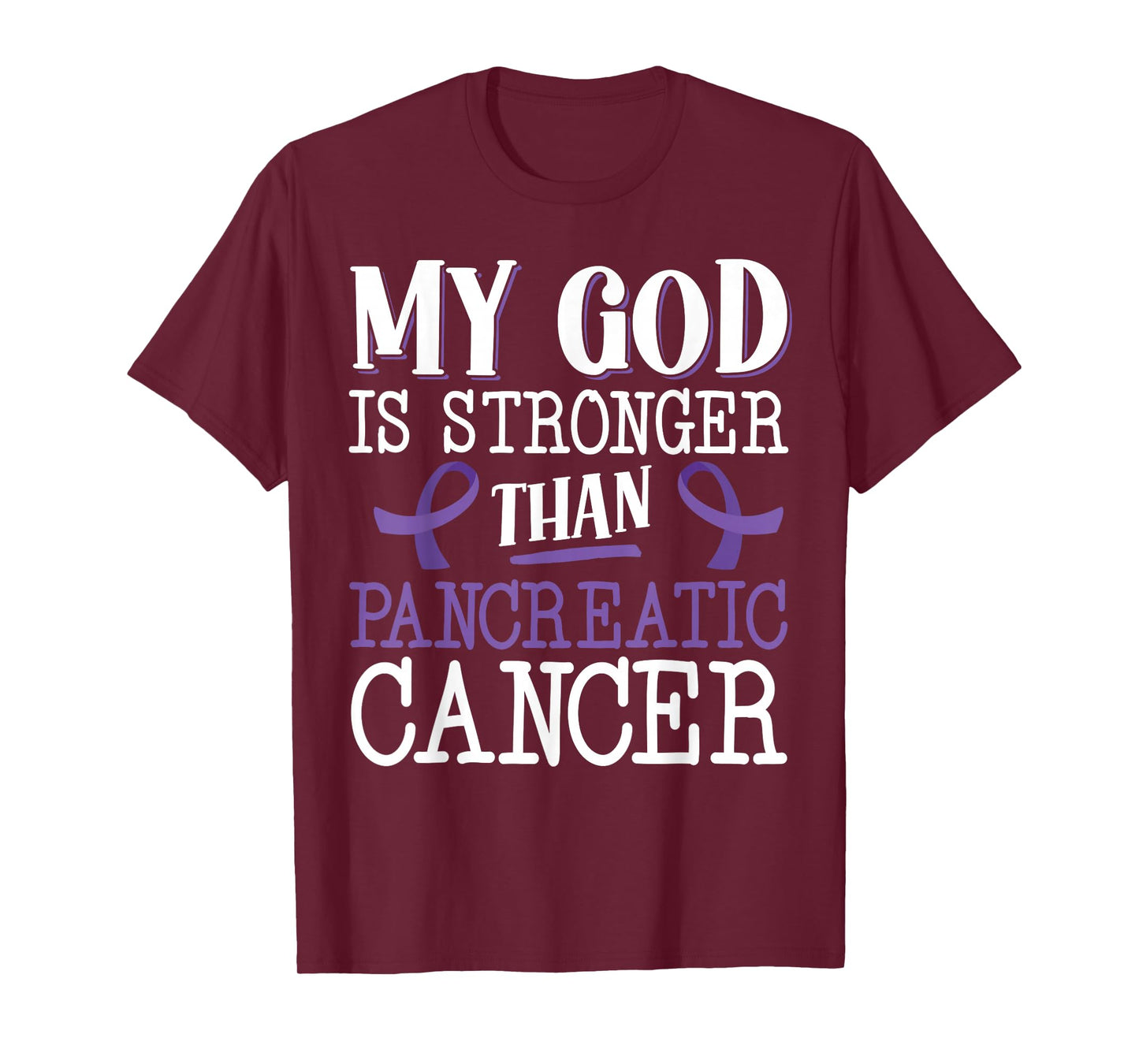 My God Is Stronger Than Pancreatic Cancer Purple Ribbon T-Shirt