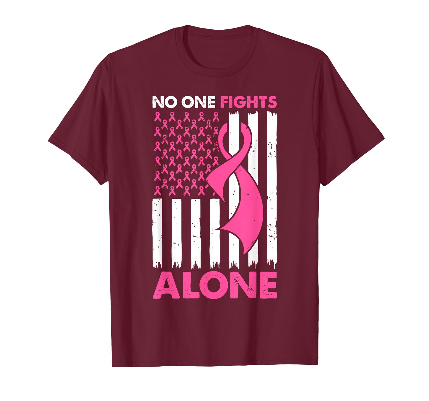 No One Fight Breast Cancer Alone Pink Ribbon American Flag T-Shirt