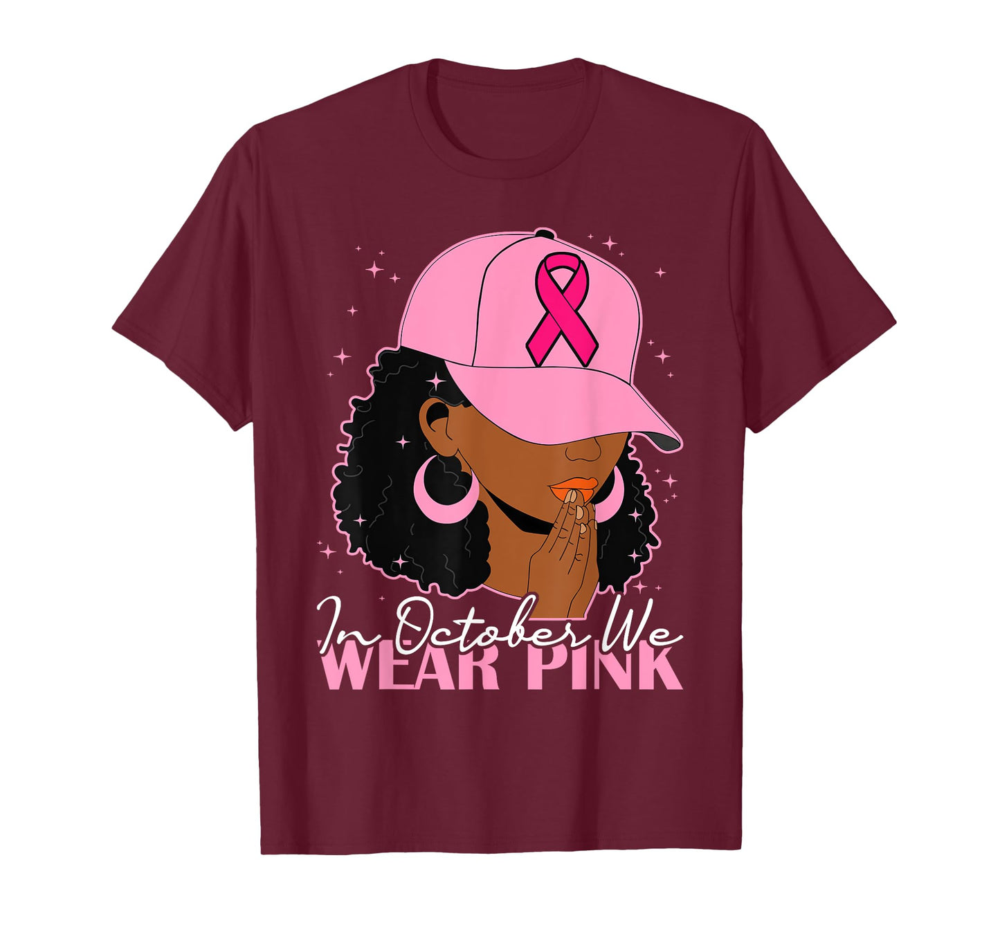 in October We Wear Pink Black Woman Afro Breast Cancer T-Shirt