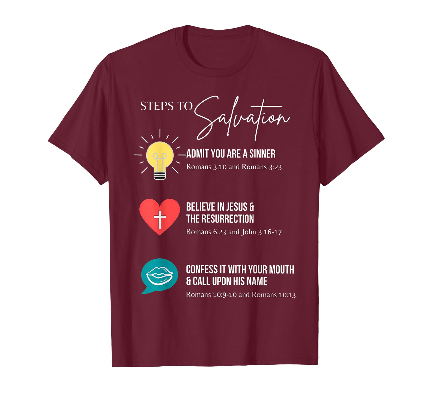 Steps To Salvation Romans 10;9 Thru 13 John 3 16 Christian T-Shirt