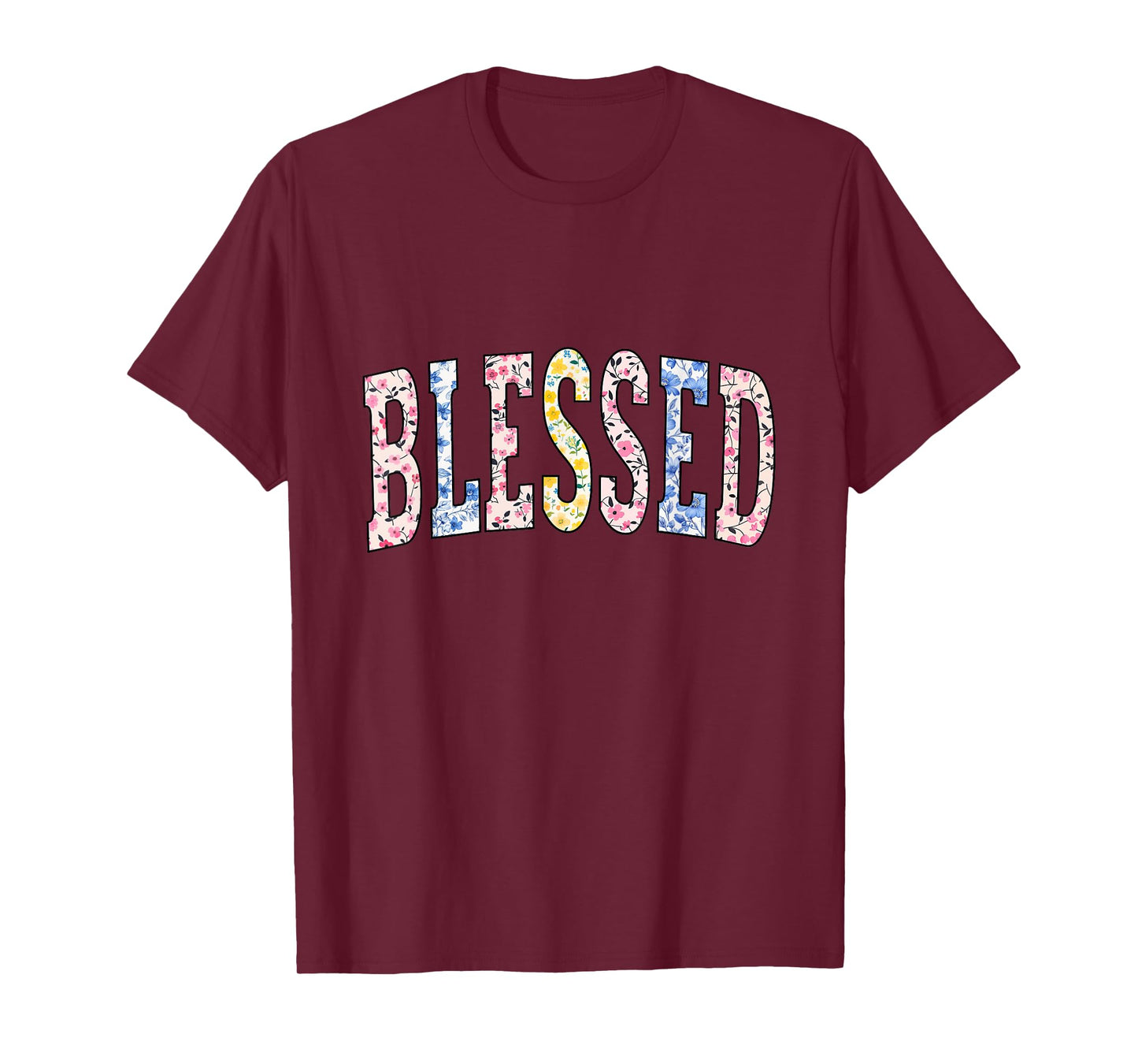Blessed Varsity Floral Flowers Print Faith Christian Woman T-Shirt