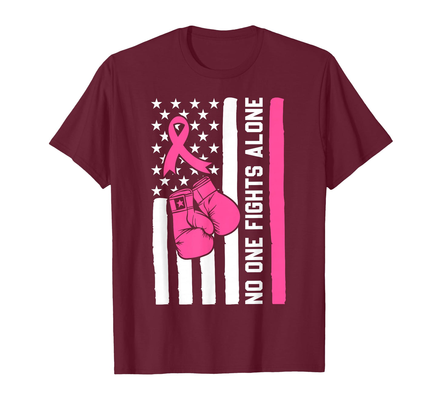 No One Fight Breast Cancer Alone Pink Ribbon American Flag T-Shirt