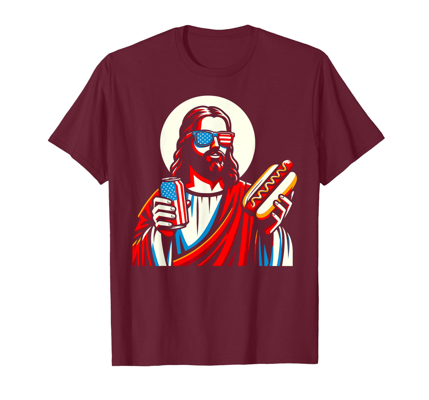 Funny Jesus USA American Christian Patriotic Beer Hotdog Women Men T-Shirt