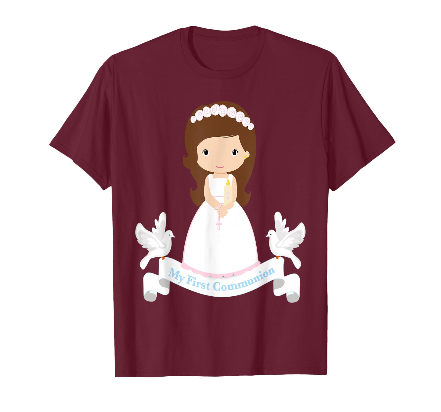 First Communion Shirt Kids Rosary Girls Daughter Brown Hair T-Shirt