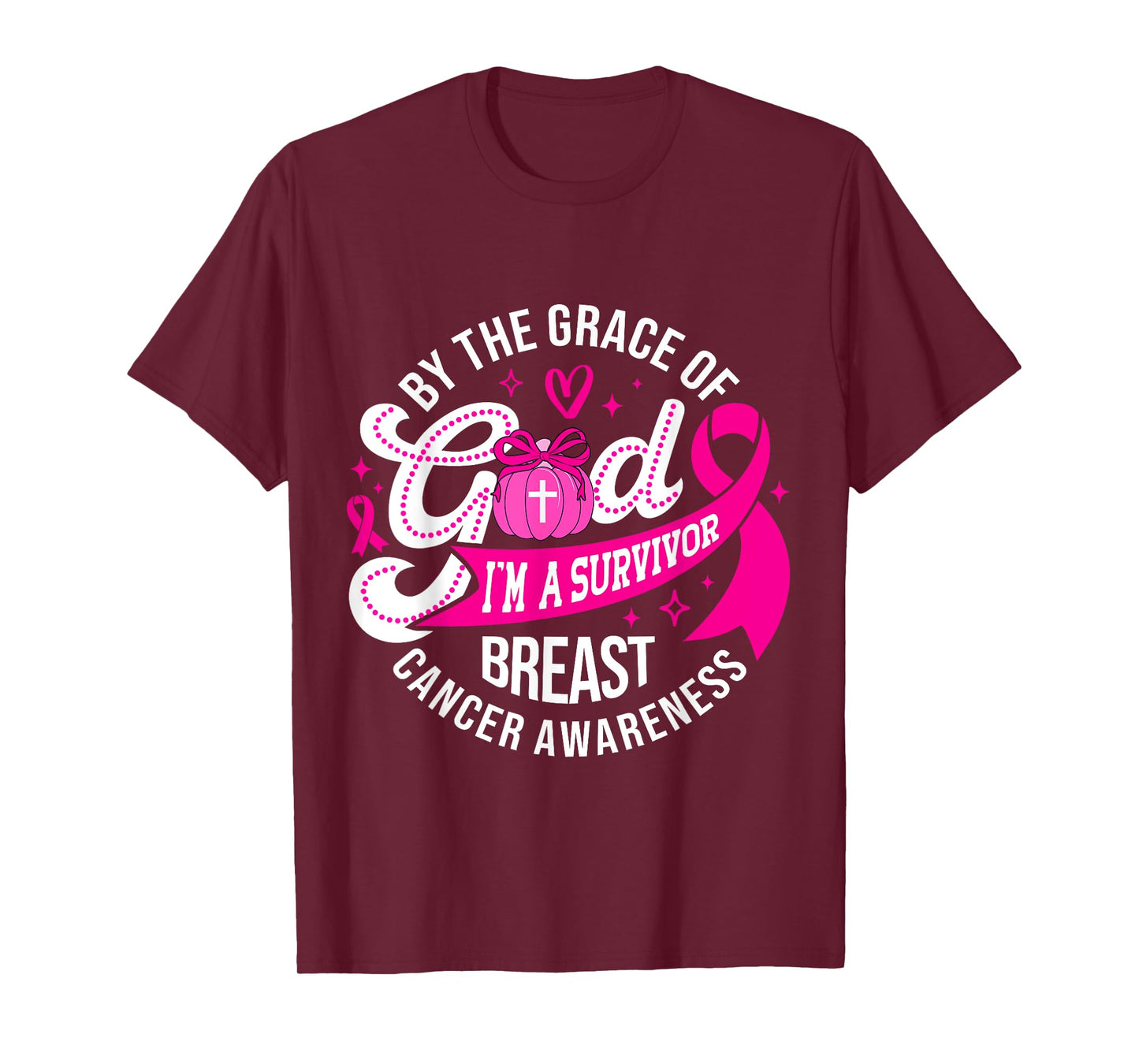 by The Grace God I'm A Survivor Breast Cancer Pumpkin Bow T-Shirt