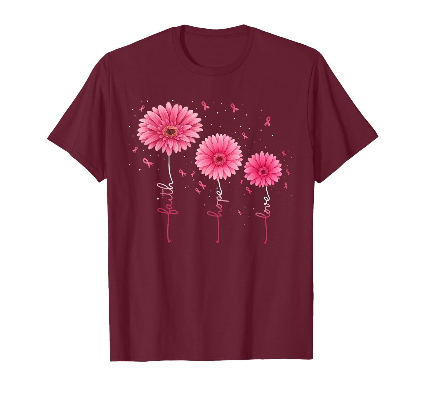 Faith Hope Love Ribbon Pink Flower Breast Cancer Awareness T-Shirt