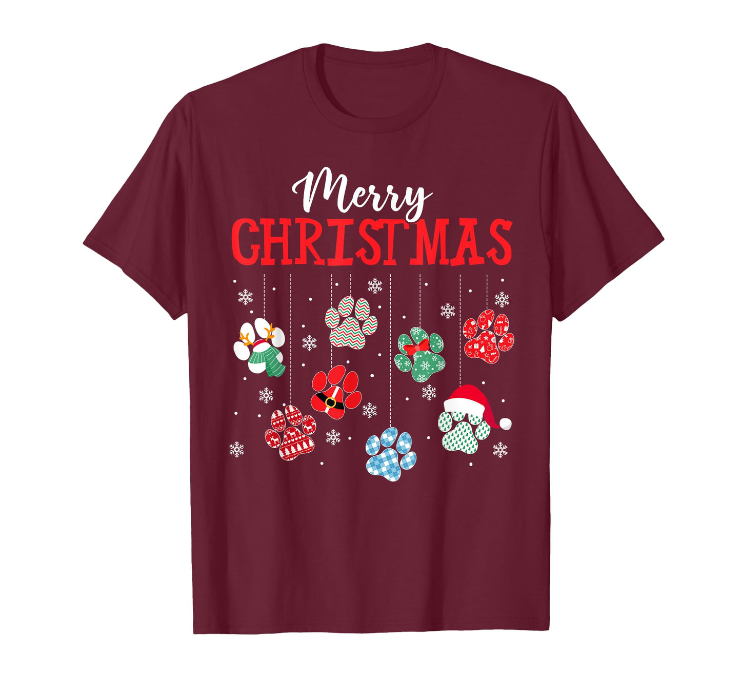Merry Christmas Dog Paws Lights Funny Xmas Womens Kids T-Shirt