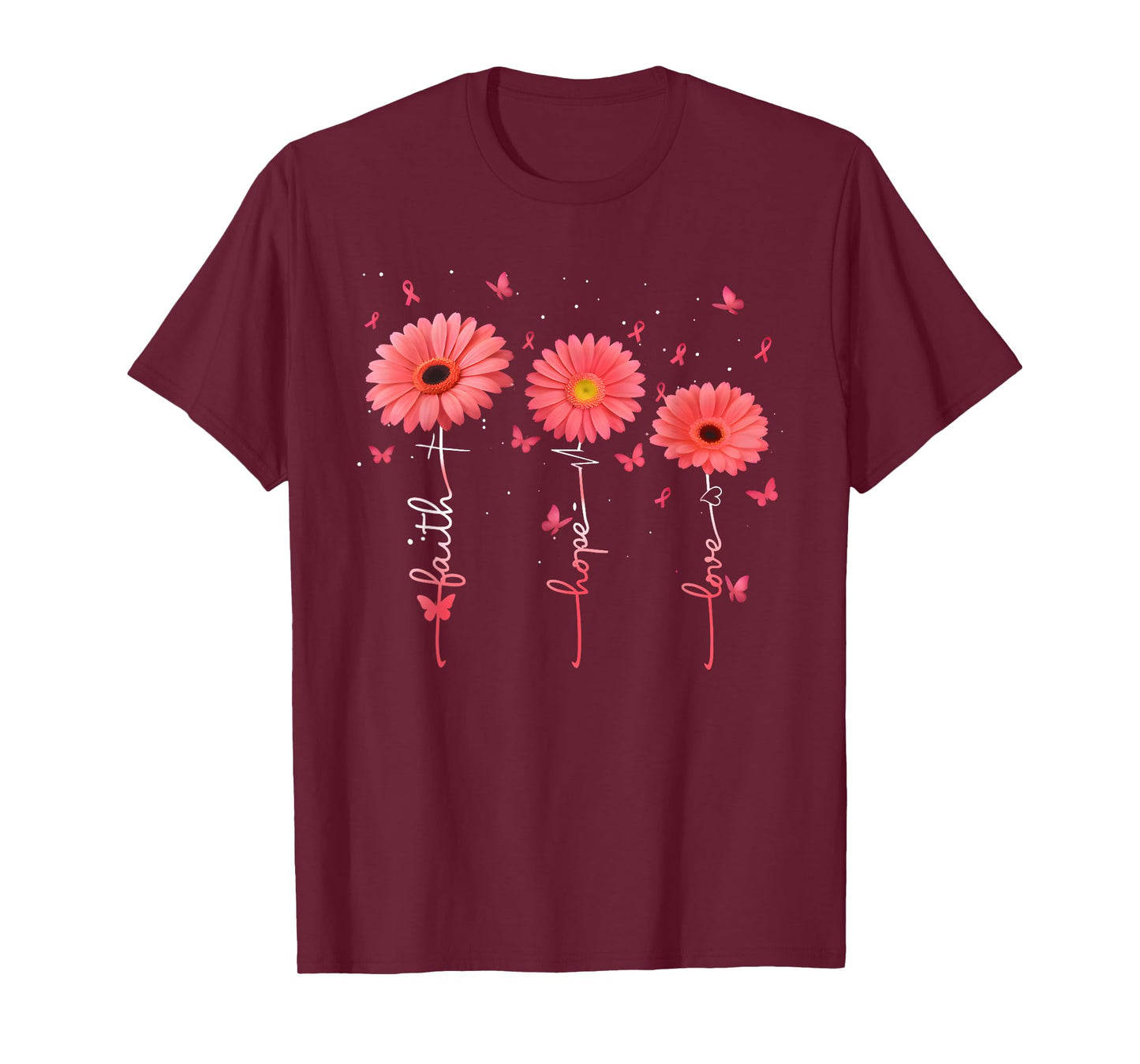 Faith Hope Love Flowers Breast Cancer Awareness Support T-Shirt