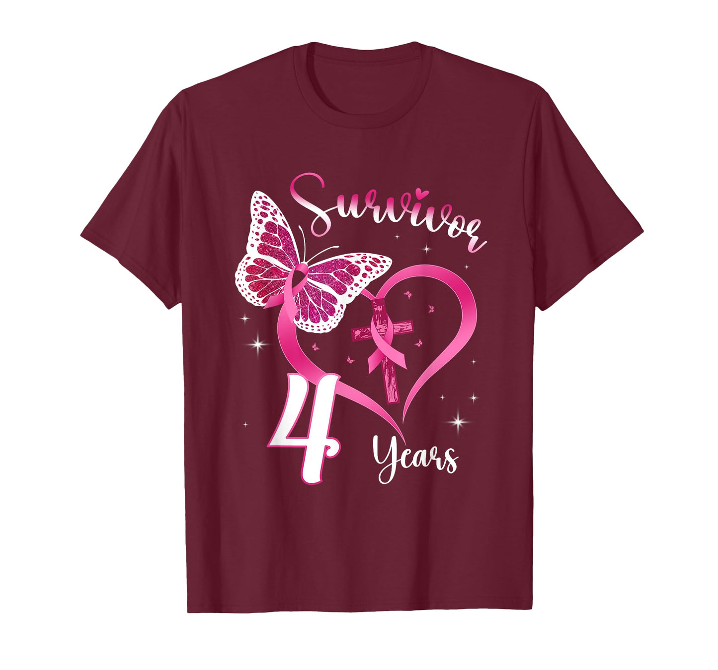 Breast Cancer Survivor Pink Ribbon Butterfly 4 Years Gift T-Shirt