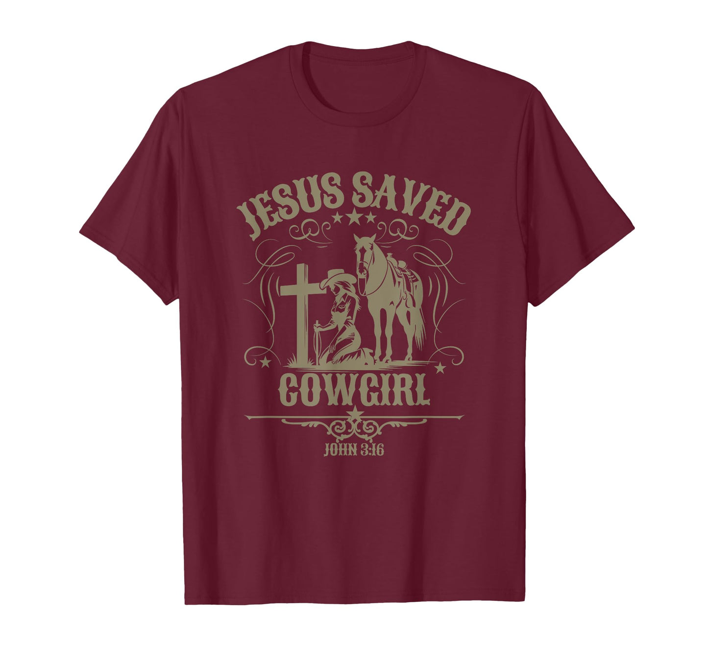 Christian Cowgirl Kneeling at Cross Western Scripture Jesus T-Shirt
