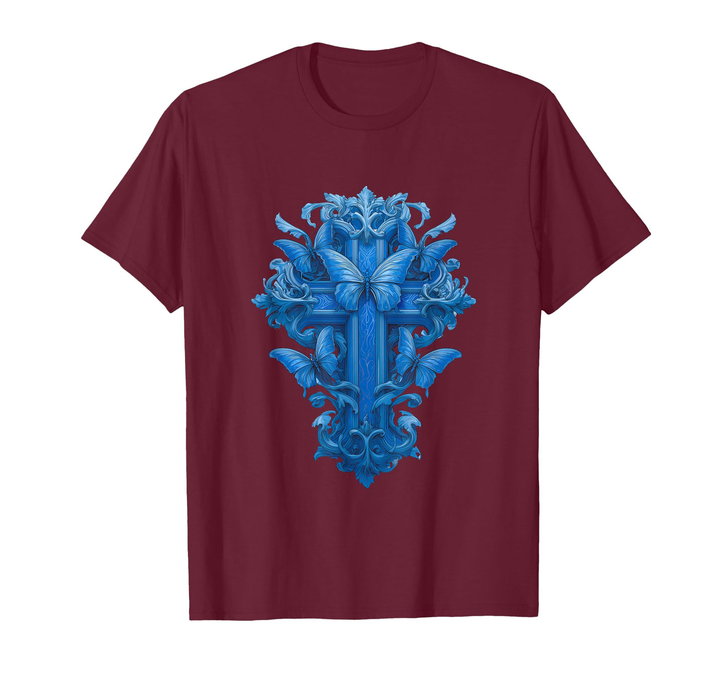 Blue Christian Cross with Butterfly Symbols of Hope T-Shirt