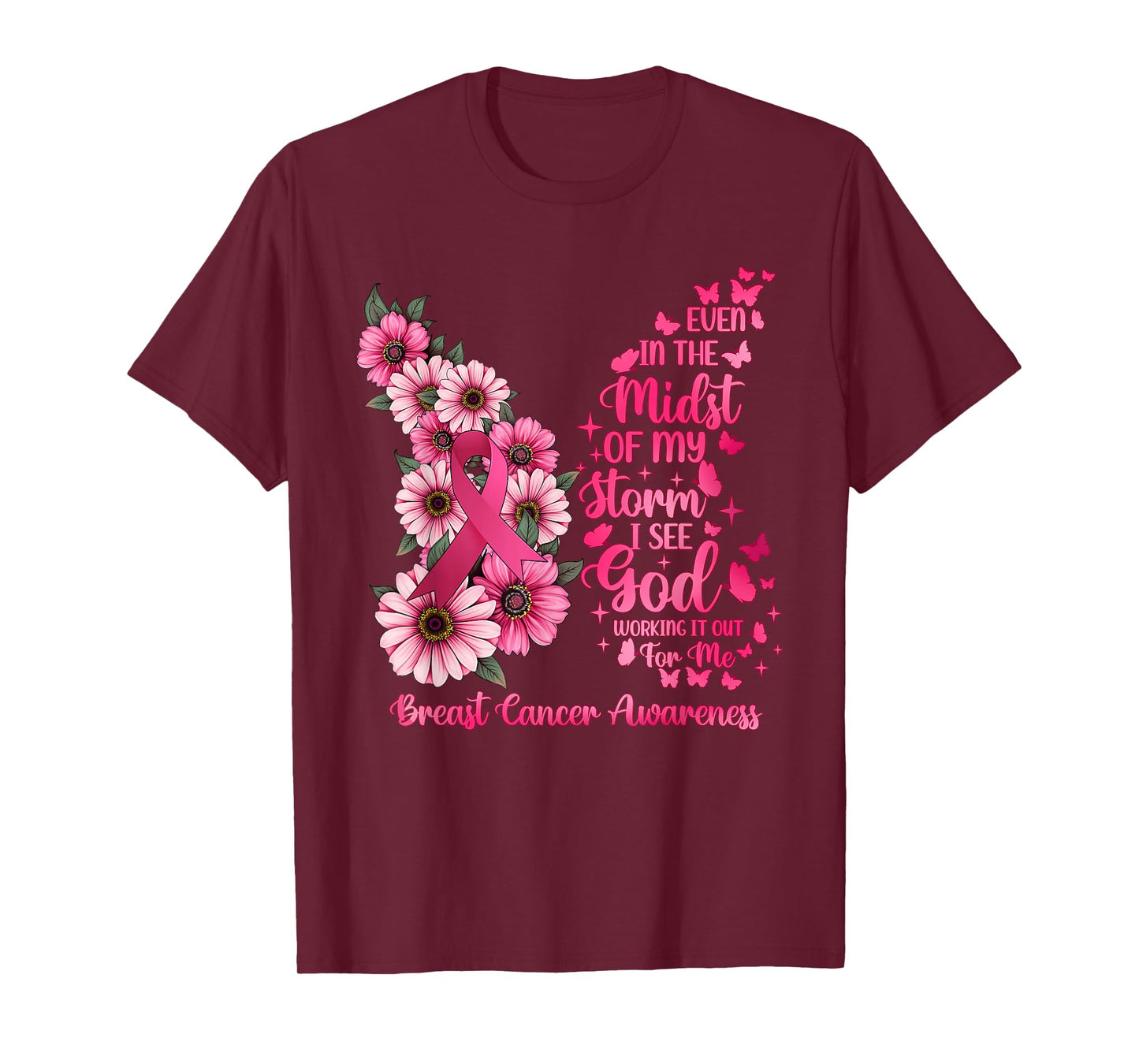 Breast Cancer Awareness God Bible Verse Pink Butterfly Women T-Shirt