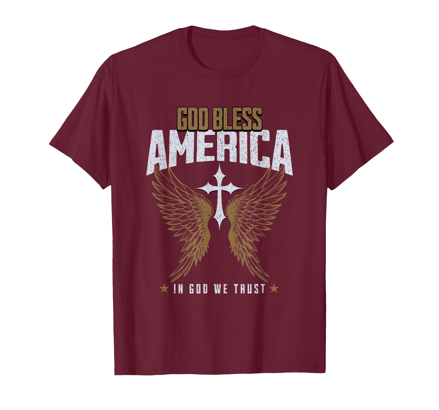 God Bless America Christian Cross & Angel Wings Distressed T-Shirt