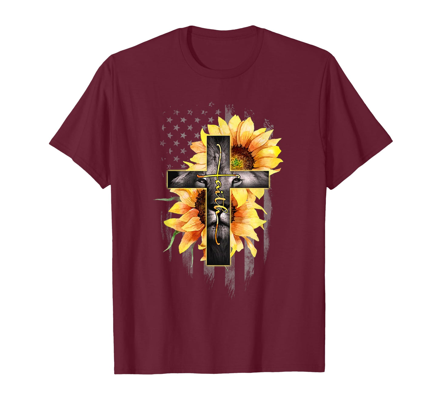 Faith Cross Christian Lion Sunflower American Flag T-Shirt