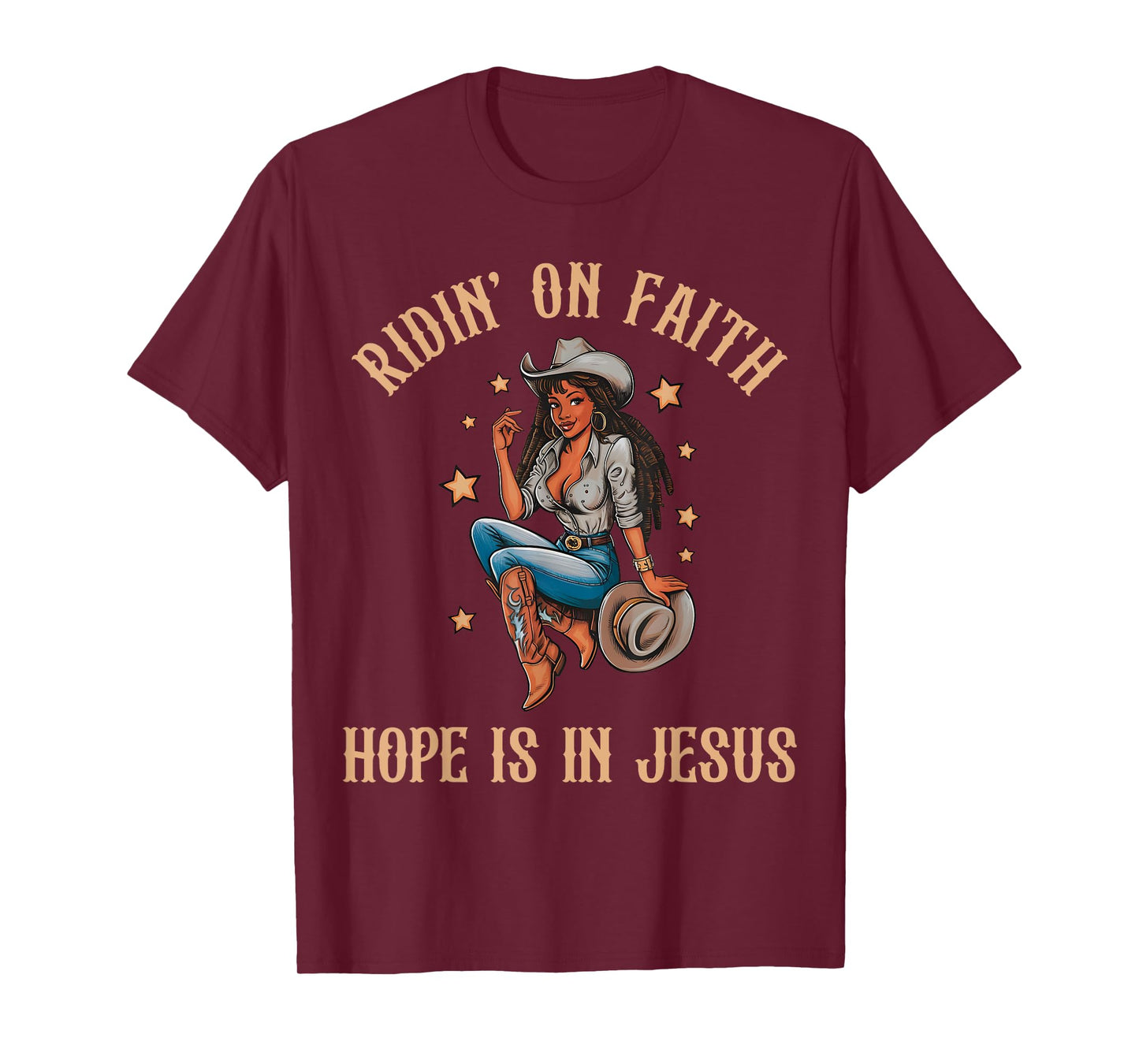 Ridin' On Faith Hope is in Jesus Black Cowgirl Christian T-Shirt