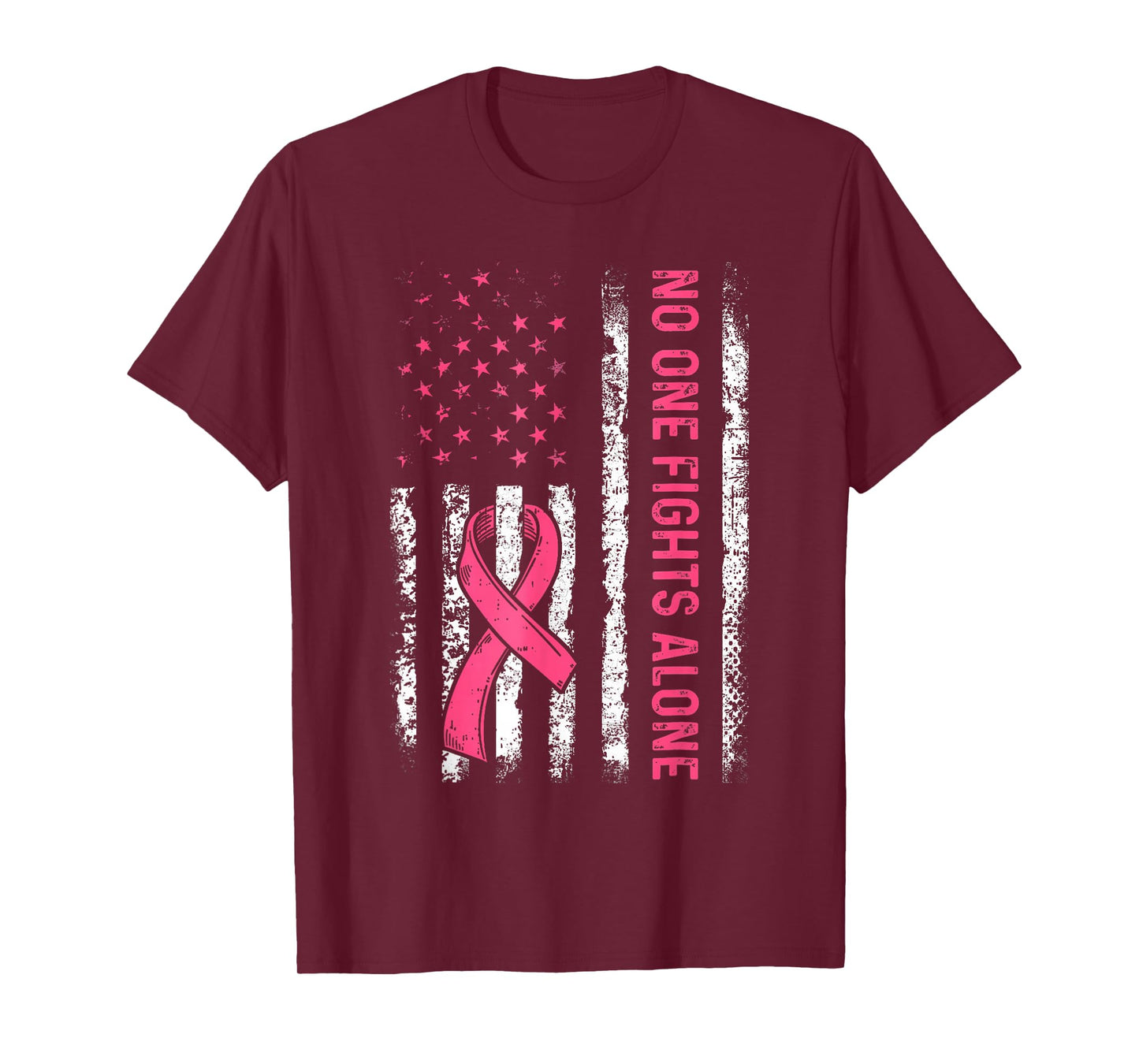 No One Fights Breast Cancer Alone American Flag Pink Ribbon T-Shirt