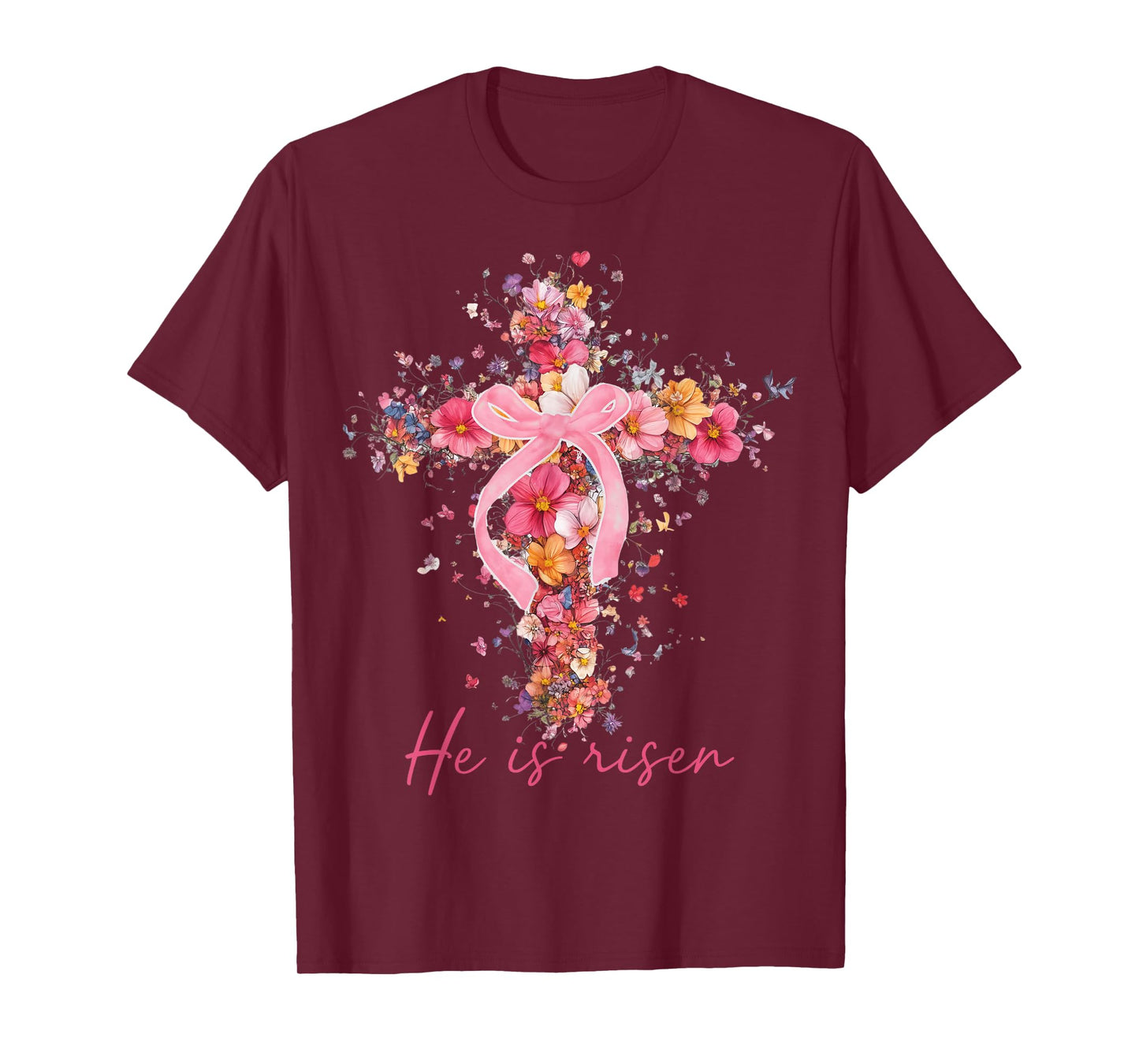 Floral Easter He Is Risen Christian Bible Pink Easter Bow T-Shirt
