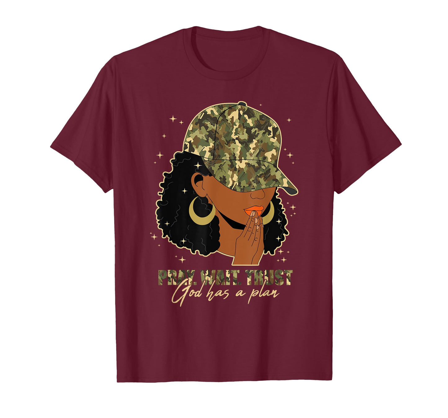 Pray Wait Trust Praying Black Woman Afro Christian Camo T-Shirt