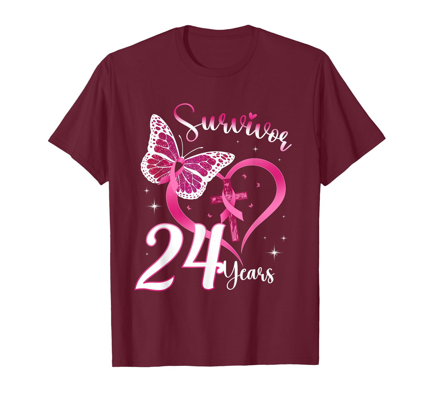 Breast Cancer Survivor Pink Ribbon Butterfly 24 Years Gift T-Shirt
