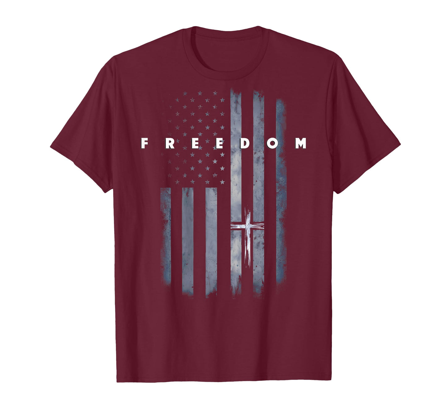 On Back Grunge American Flag and Cross Faith Family Freedom T-Shirt
