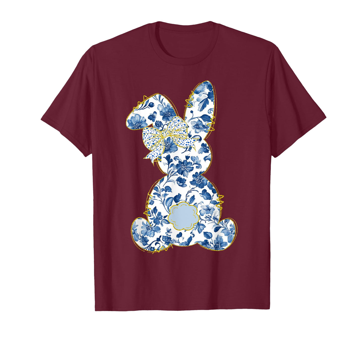 Cute Easter Toile Chinoiserie Blue Floral Bunny Coquette Bow T-Shirt