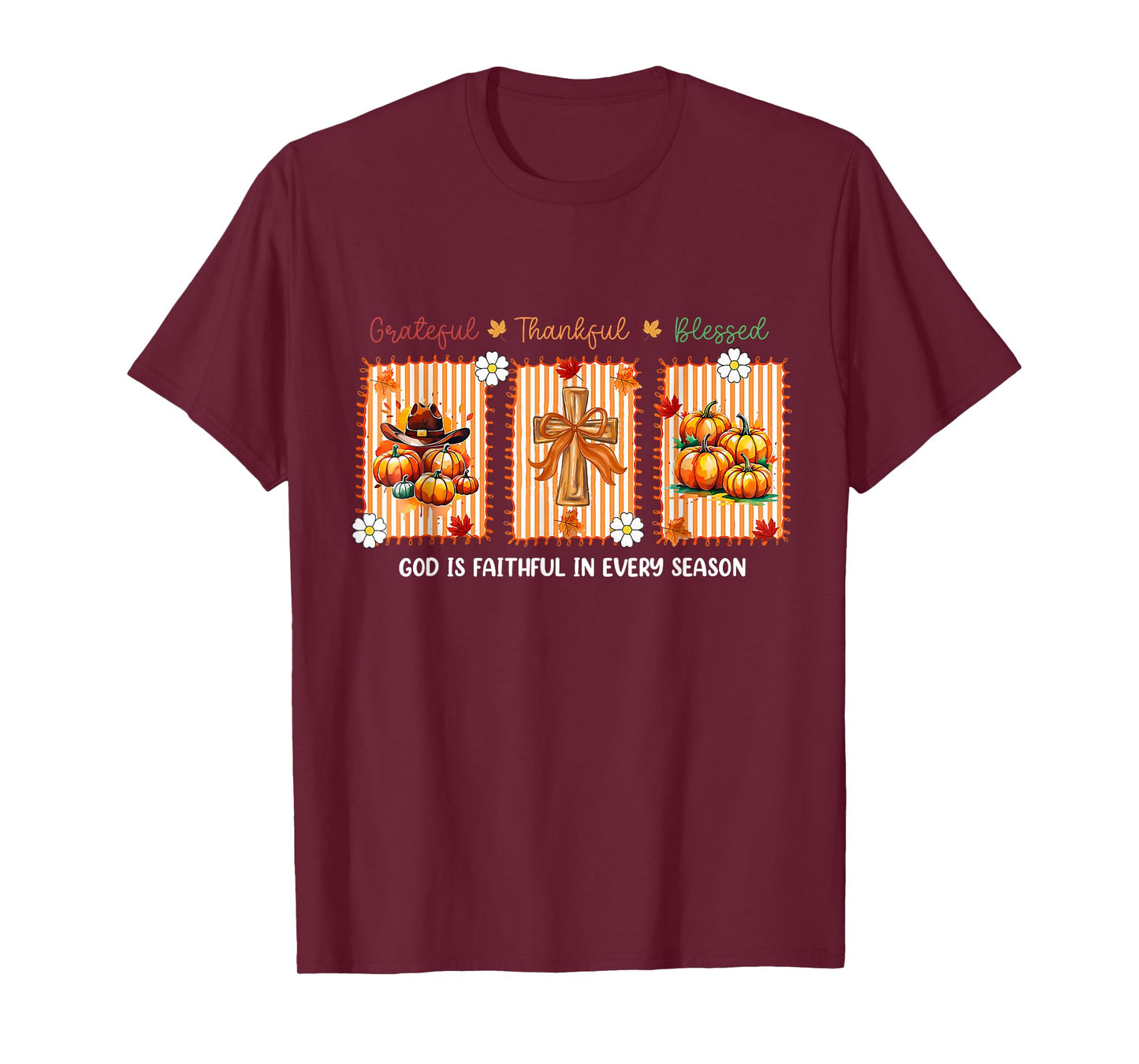 Grateful Thankful Blessed Fall Cross Design T-Shirt