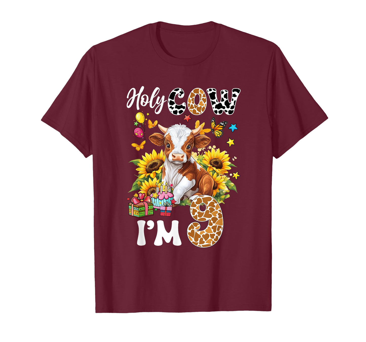 Holy Cow I'm 9 Years Old Farm Cow Sunflowers 9Th Birthday T-Shirt