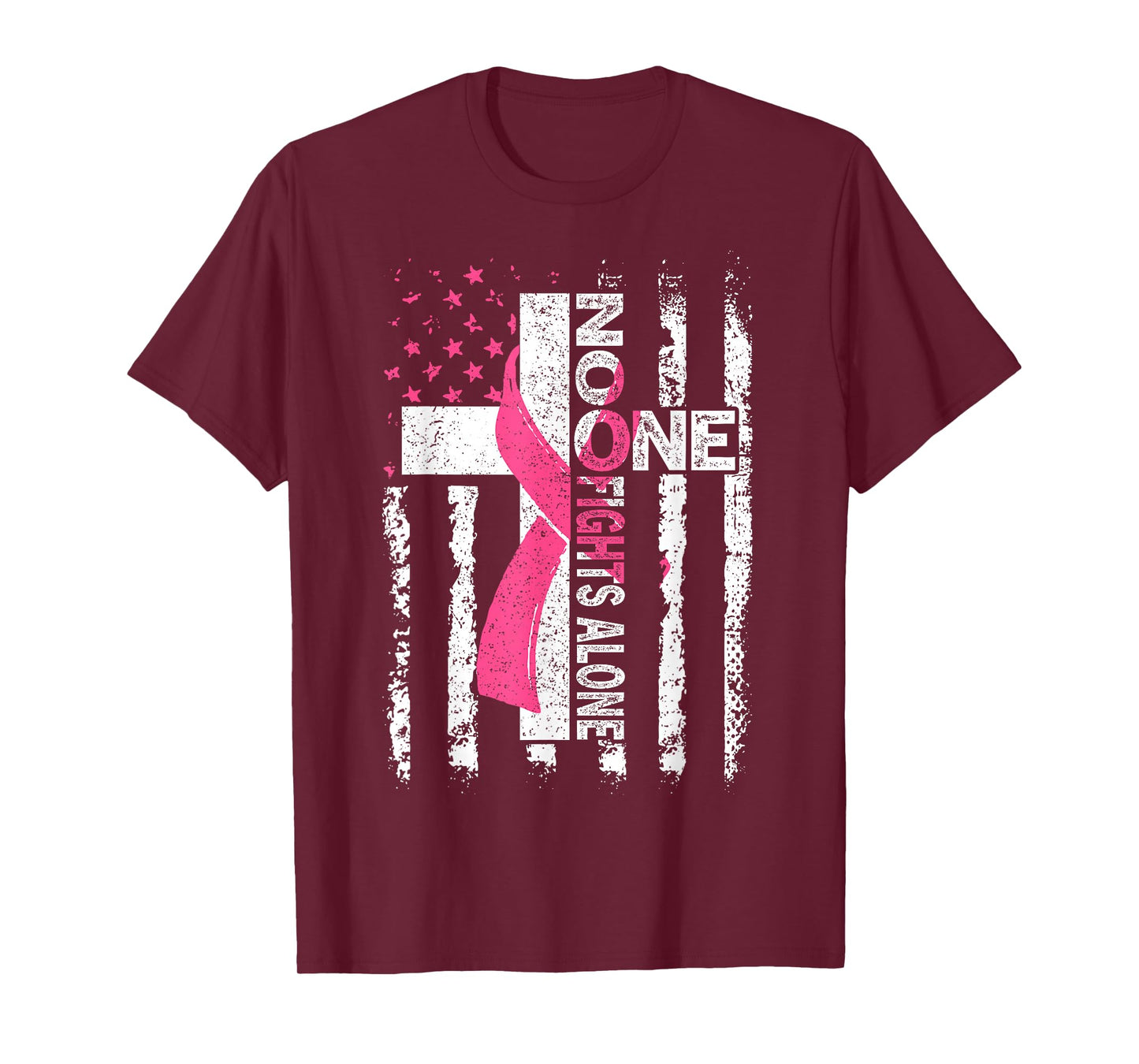 No One Fights Breast Cancer Alone Faith USA Flag Pink Ribbon T-Shirt
