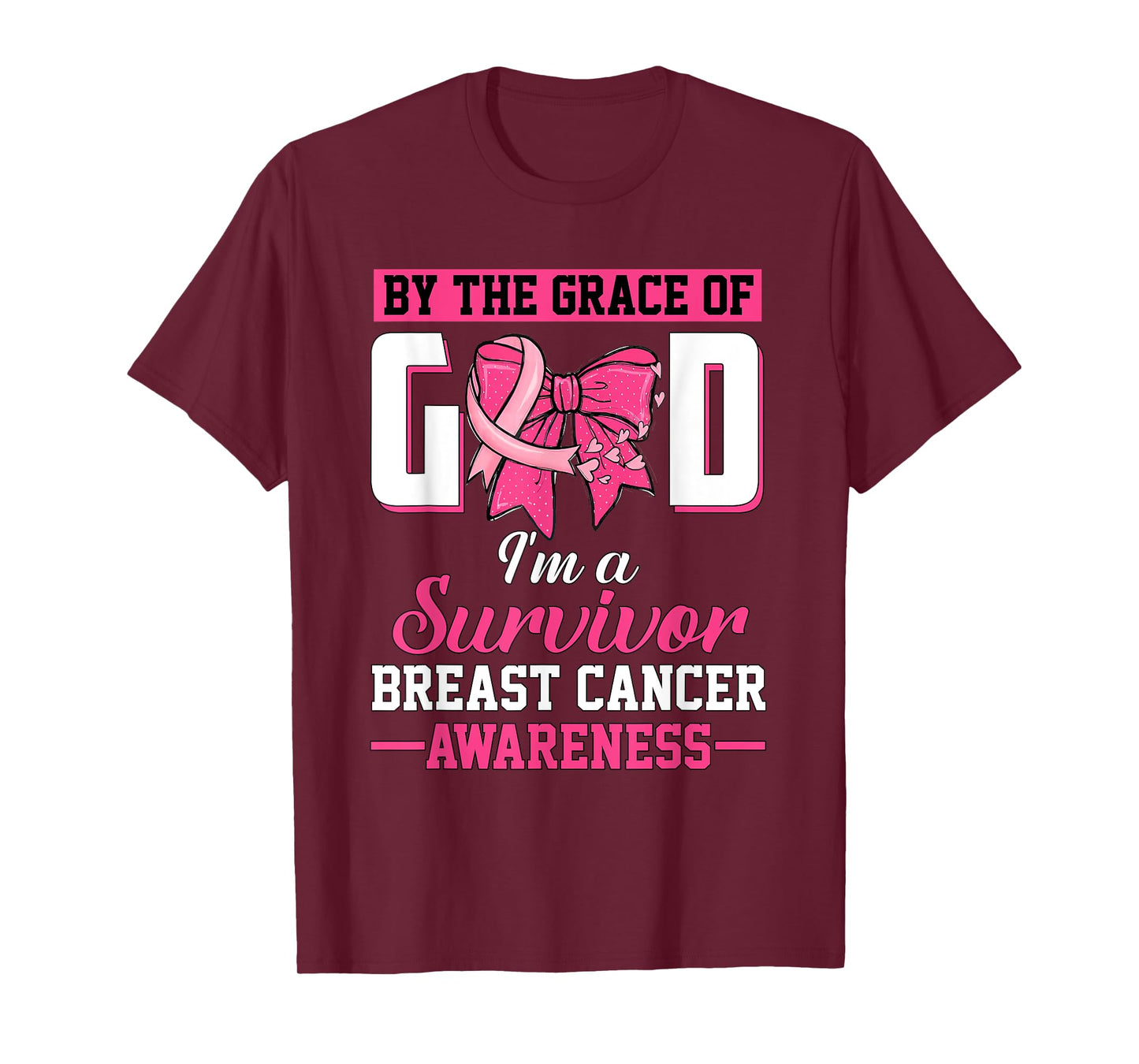 by The Grace God I'm A Survivor Breast Cancer Bow Ribbon T-Shirt