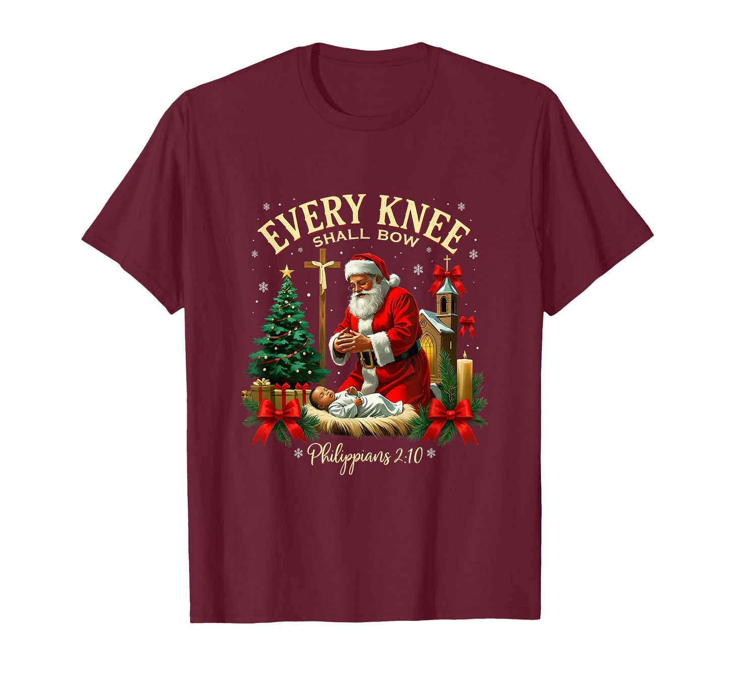 Santa Christmas Nativity Scene Xmas Every Knee Shall Bow T-Shirt