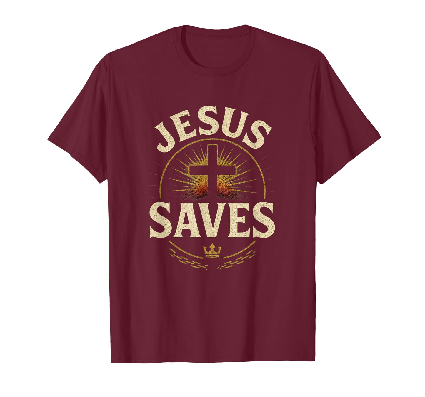 Jesus Saves Cross Chain Broken Crown Distressed Style T-Shirt