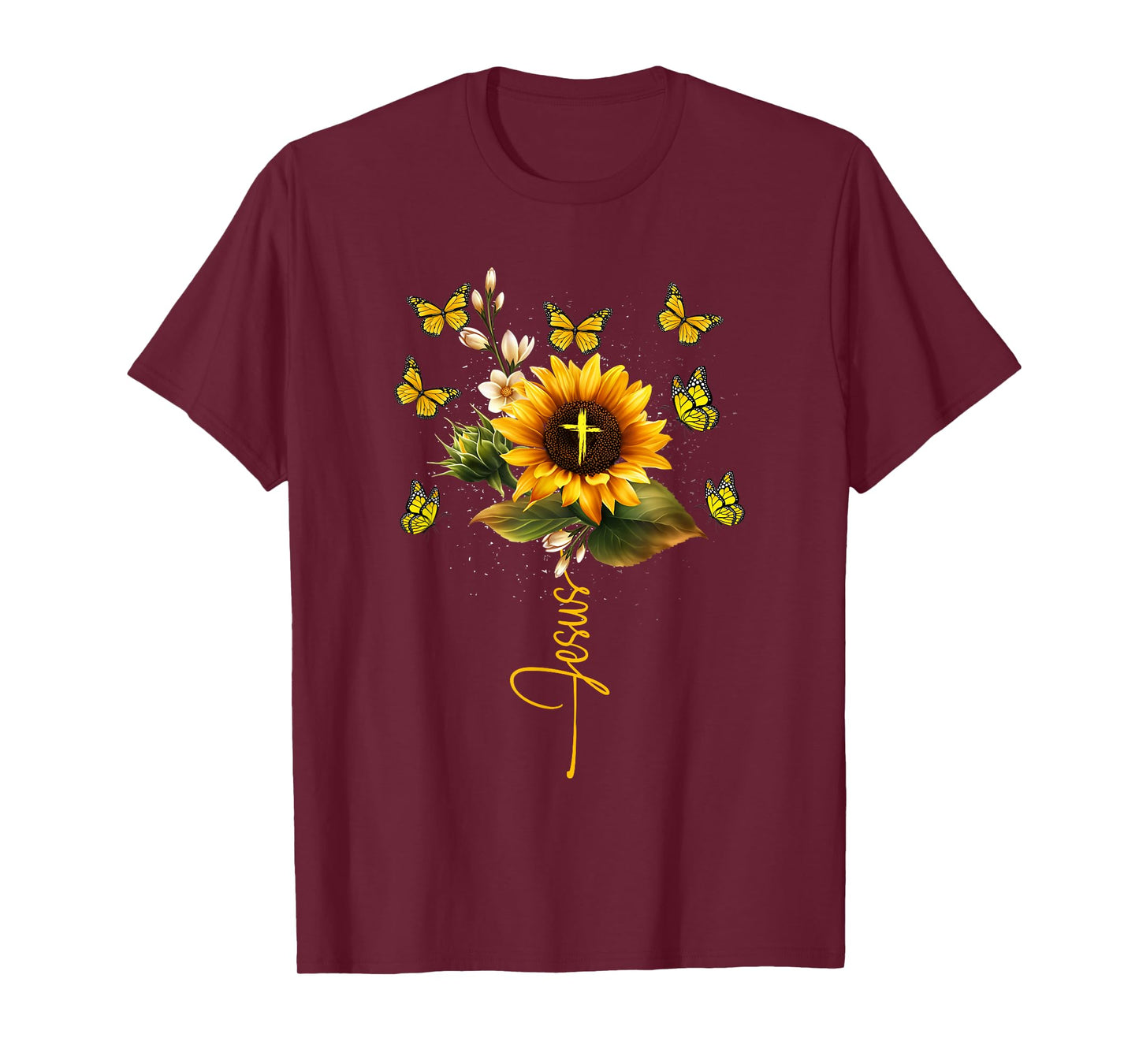 Sunflower Jesus Cross Butterflies Art Religious Christian T-Shirt