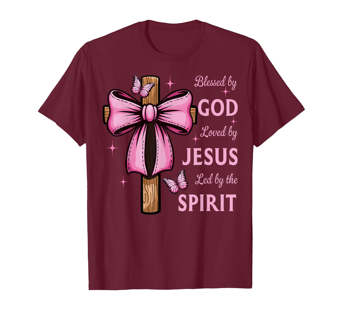 Blessed by God Loved by Jesus Pink Coquette Bow And Cross T-Shirt