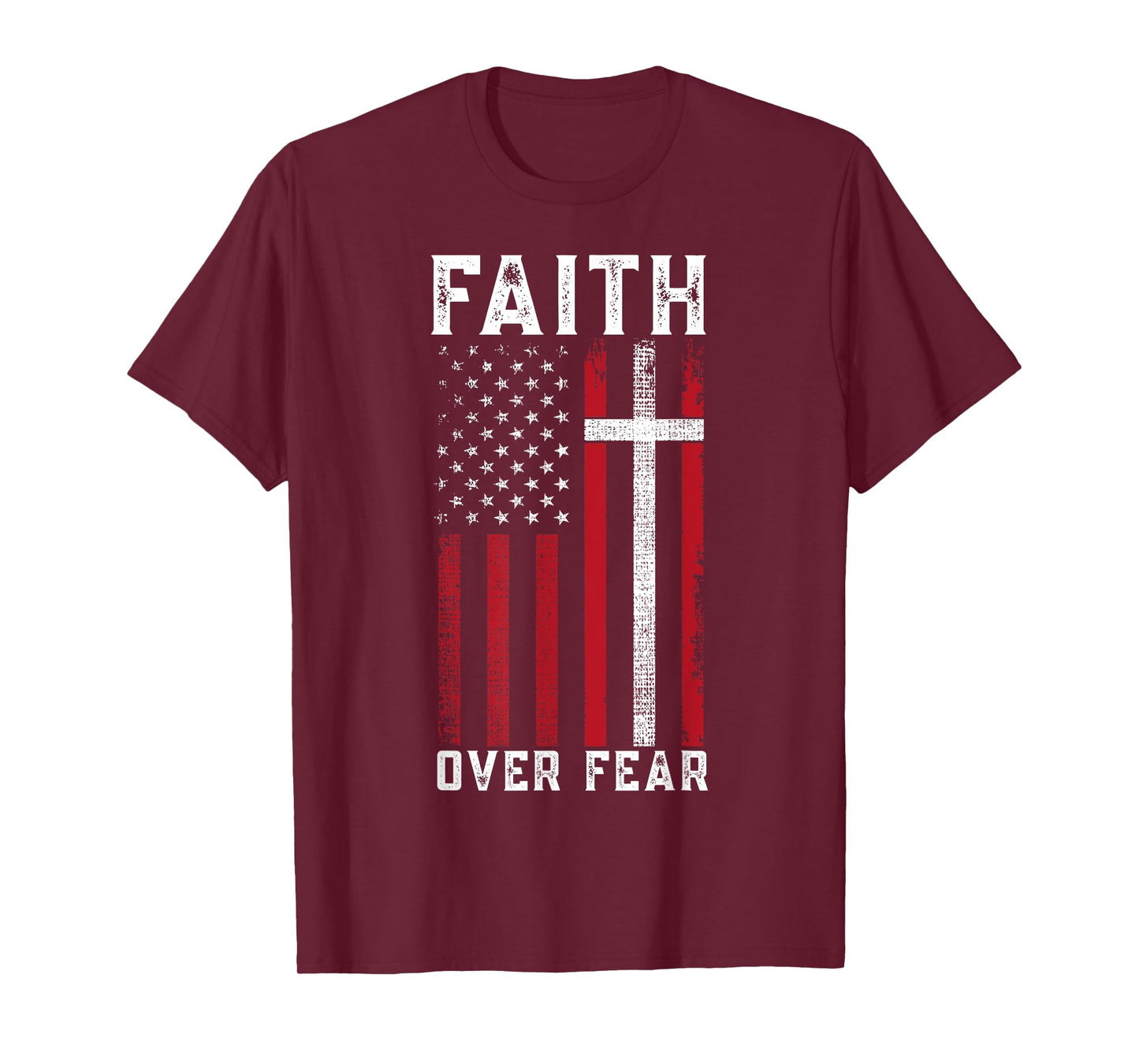Inspirational Faith Over Fear USA Flag Christian Cross Jesus T-Shirt for Women Girls Kids Men