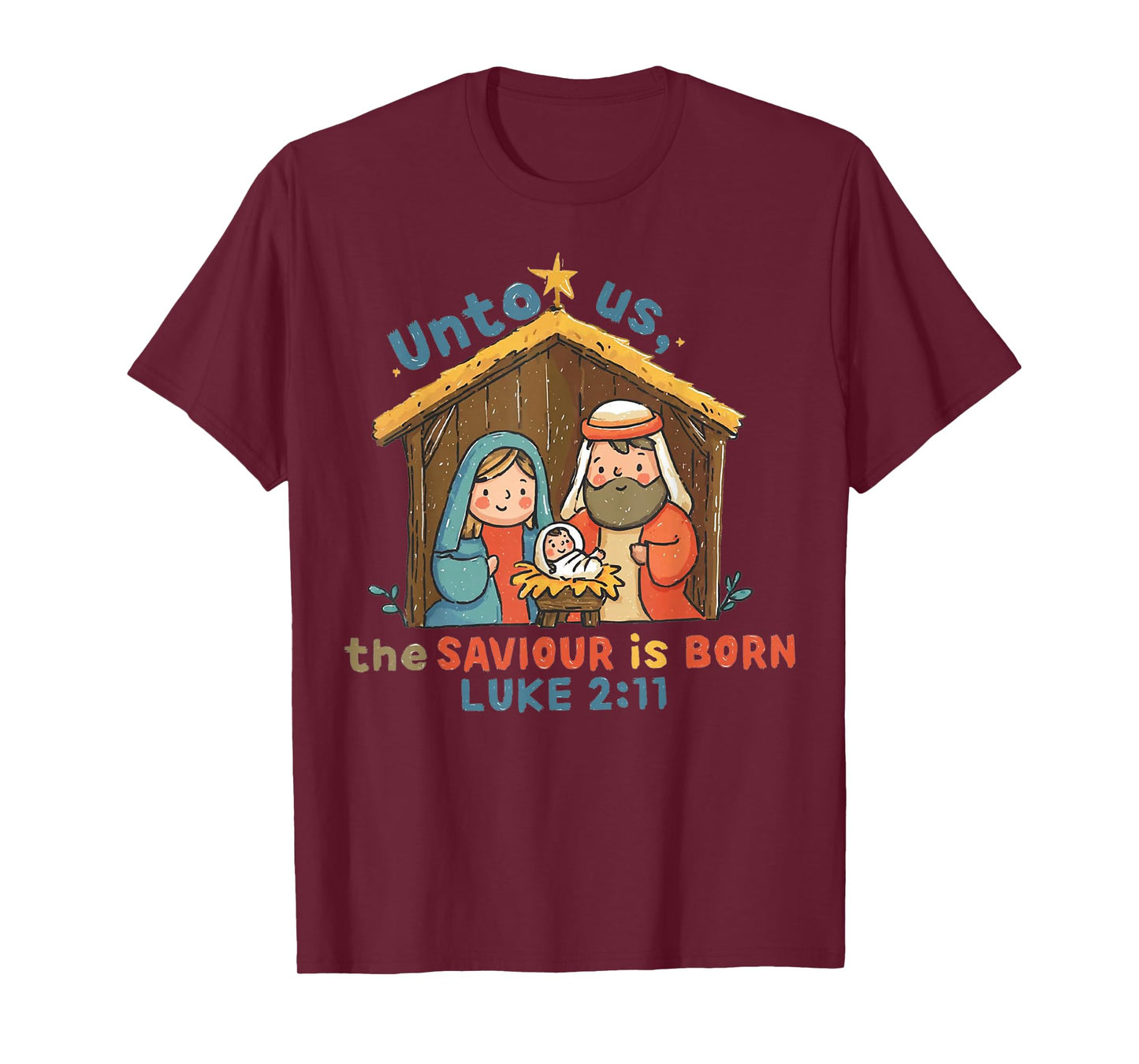Nativity Scene Unto Us The Saviour is Born Christian Xmas T-Shirt