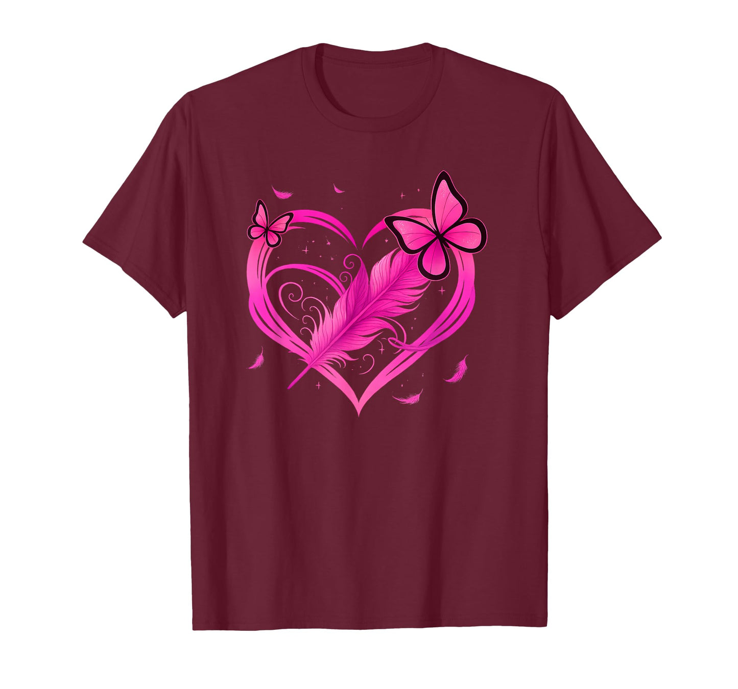 Pink Heart Butterfly Feather Breast Cancer Awareness T-Shirt