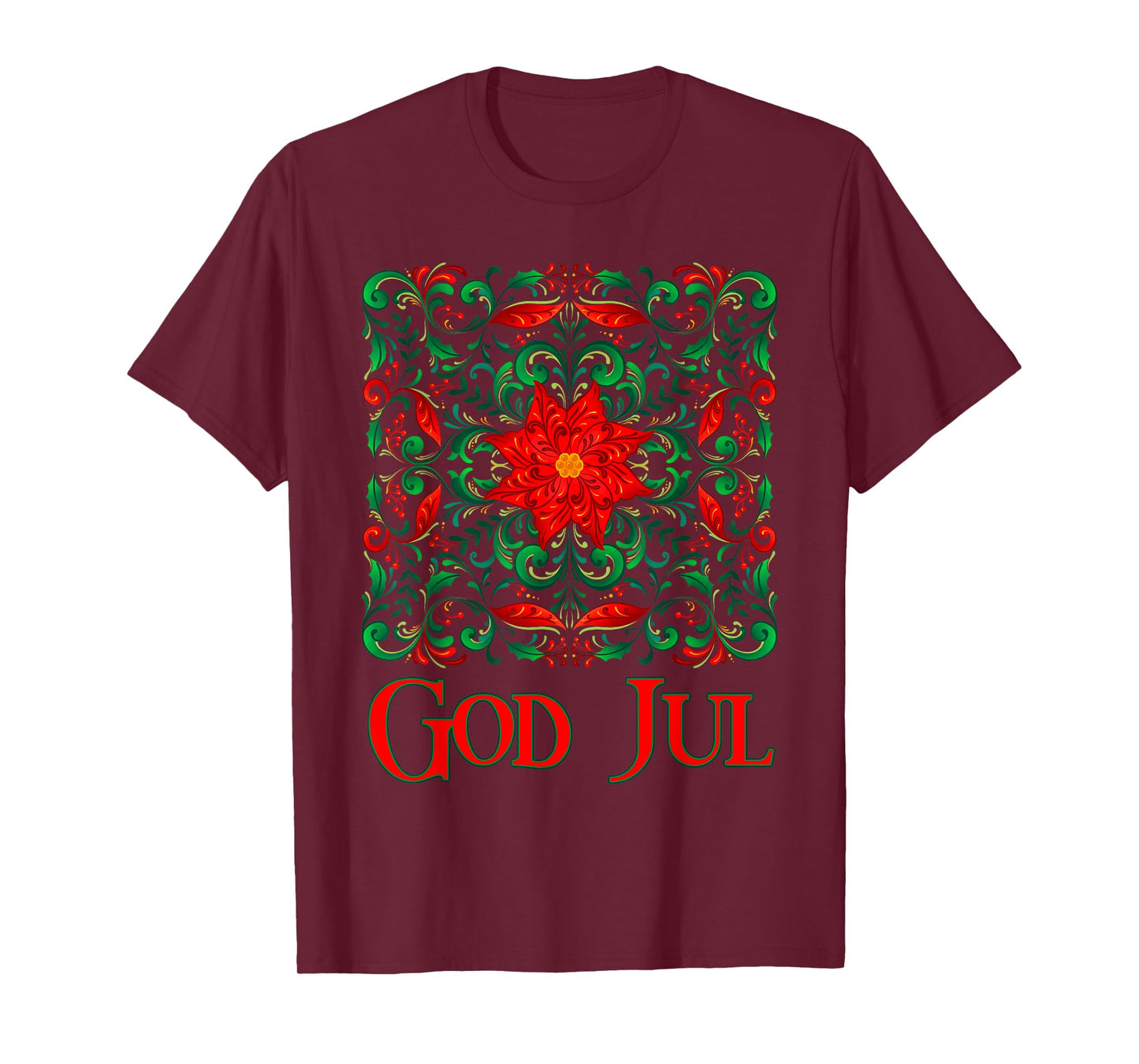 Norwegian Rosemaling God Jul Christmas Poinsettia Folk Art T-Shirt