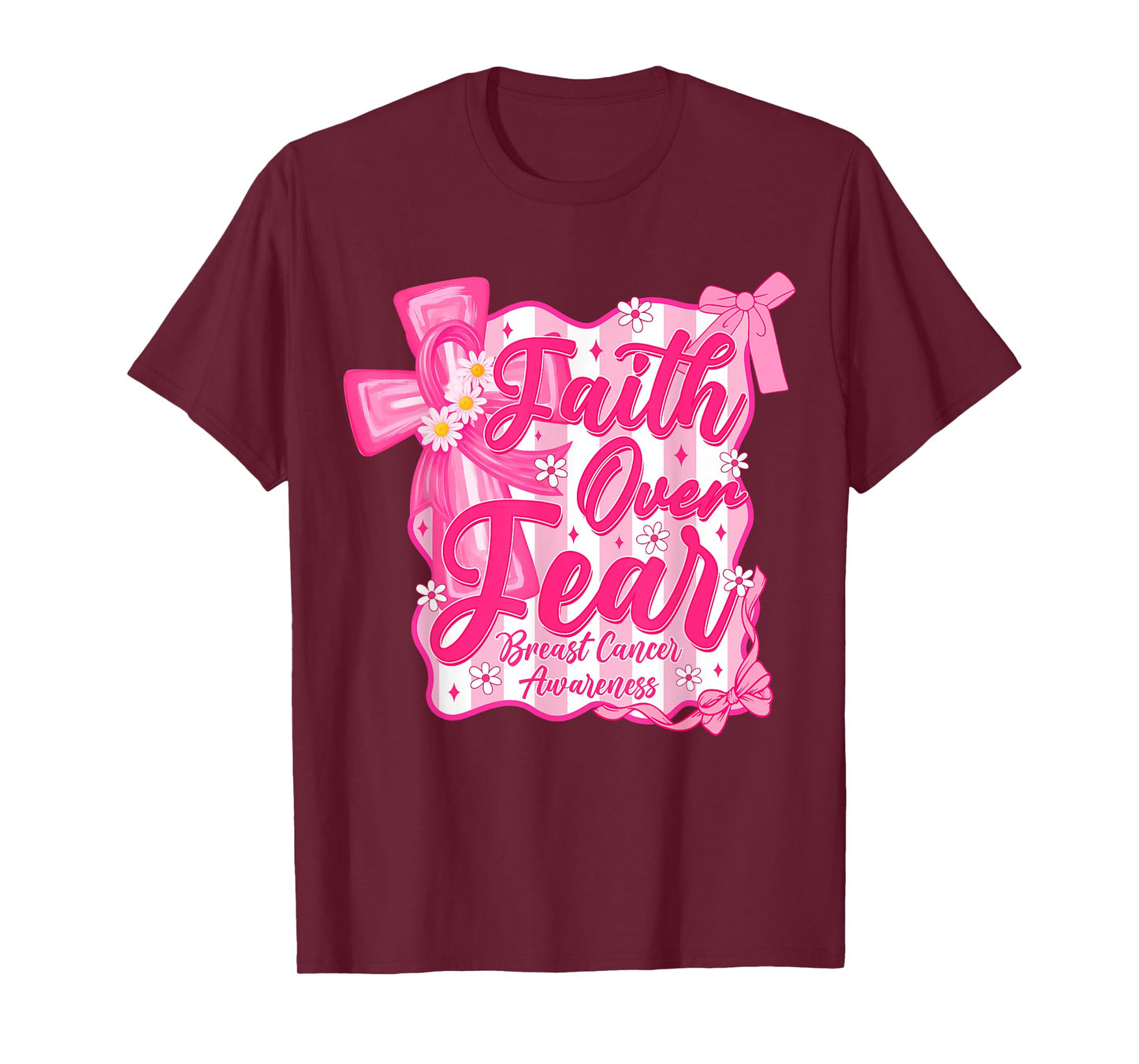 Faith Over Fear Cross Pink Ribbon Christian Breast Cancer T-Shirt