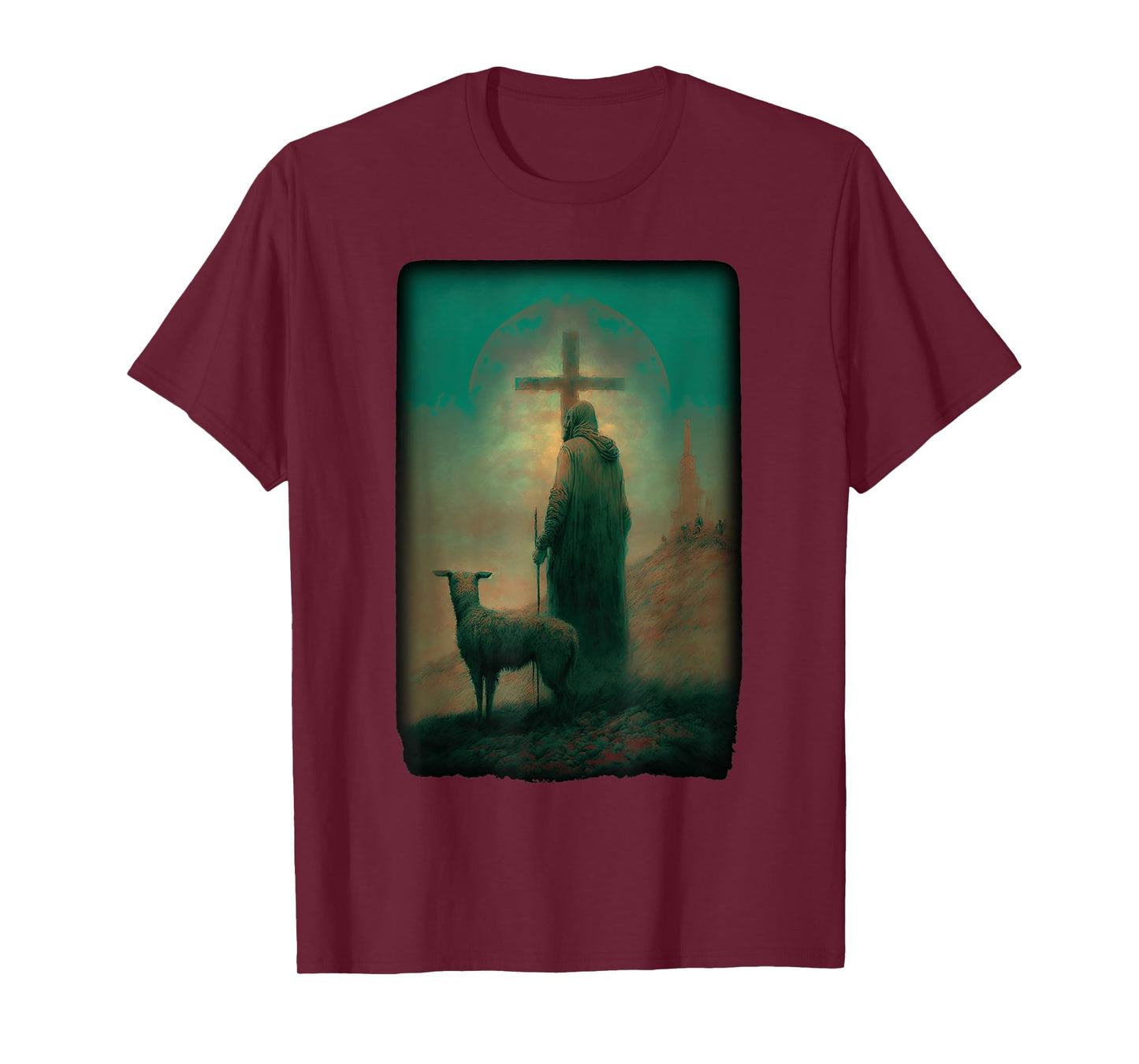 Biblical Jesus Lamb of God Sheep Shepard with Cross Old Art T-Shirt