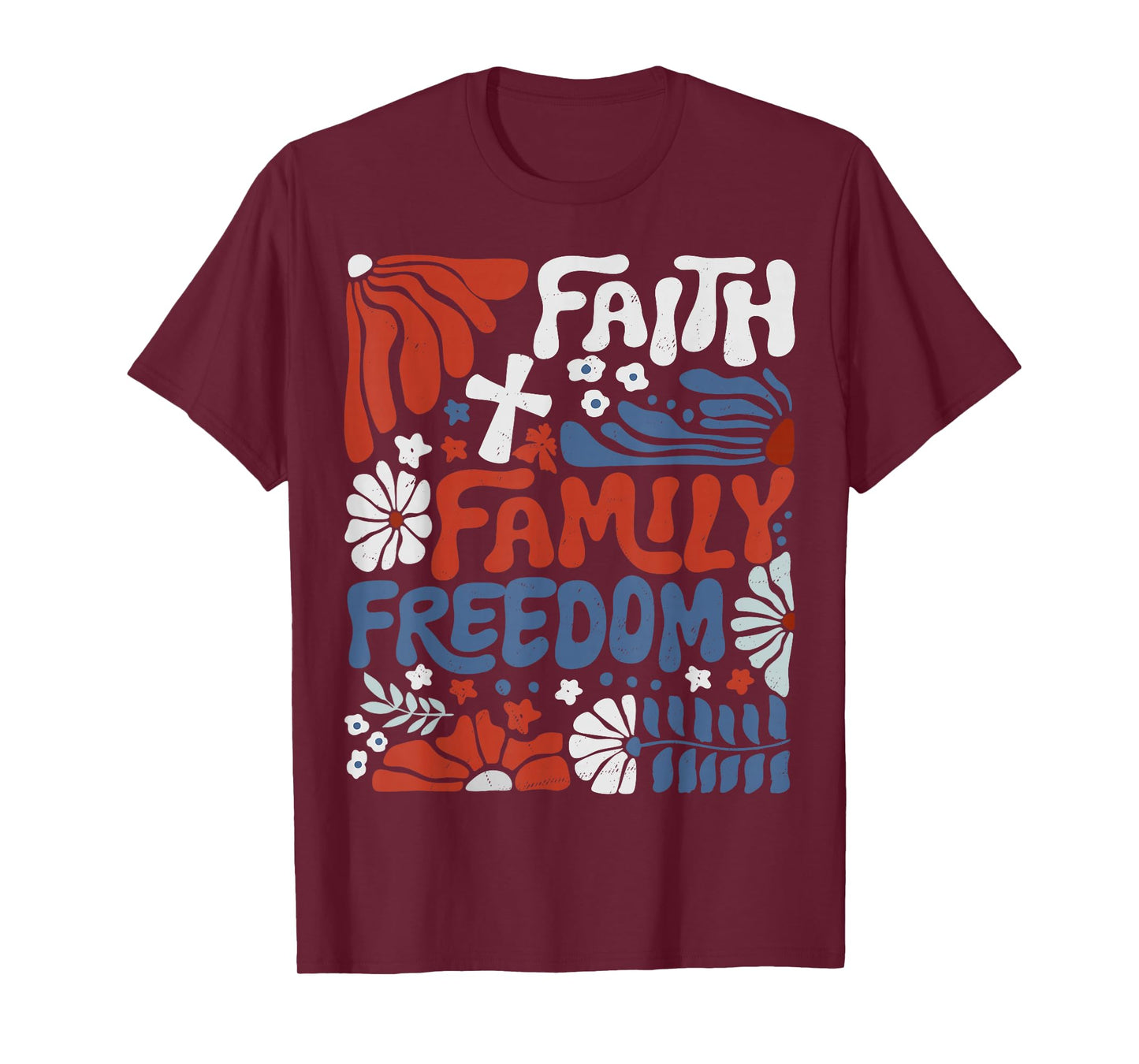 Patriotic Christian Faith Family Freedom Boho Floral Cross T-Shirt