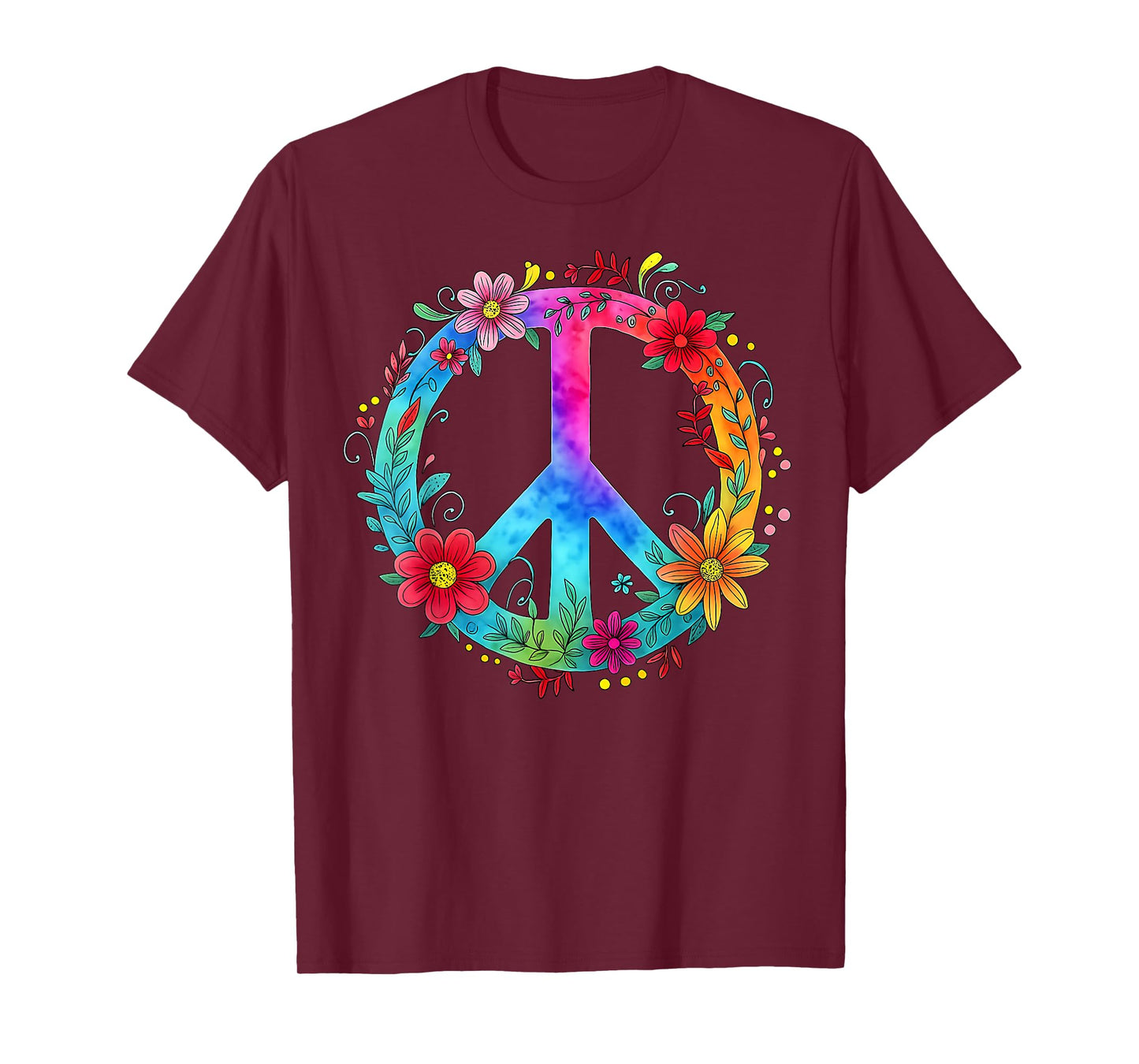 Retro Floral Love Peace Sign 60s 70s Tie Dye Hippie Flowers T-Shirt