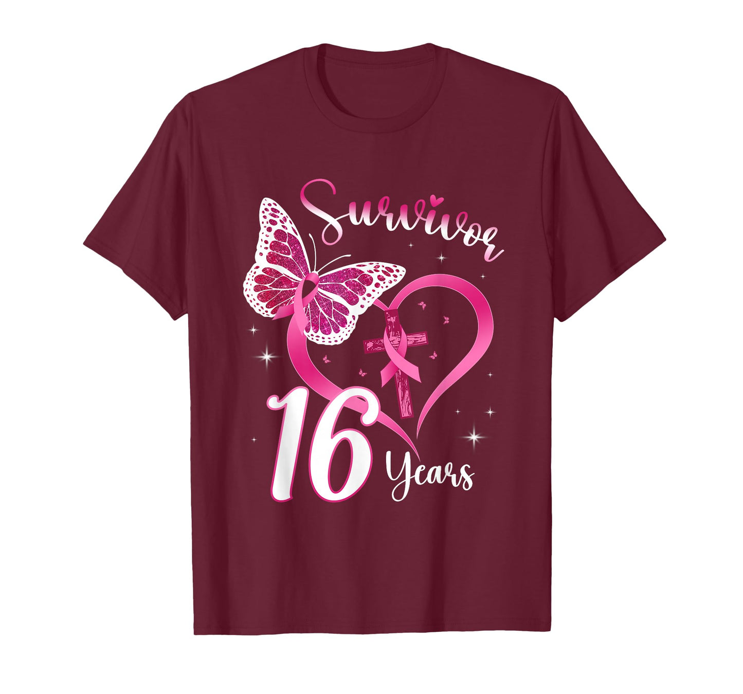 Breast Cancer Survivor Pink Ribbon Butterfly 16 Years Gift T-Shirt