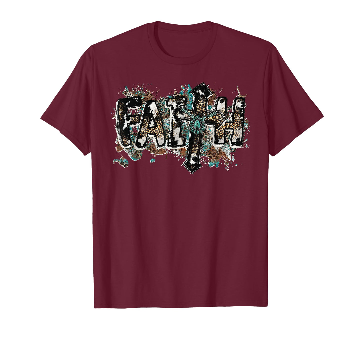 Grunge Faith T Christian Turquoise Leopard Faith Cross Jesus T-Shirt