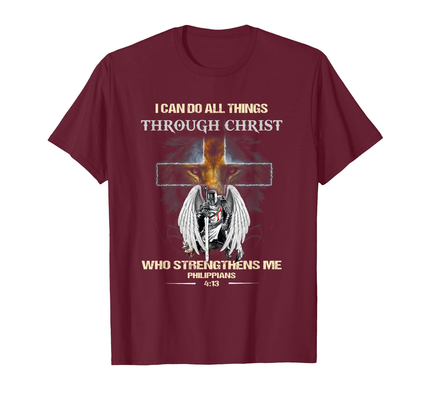 Philippians 4:13 Christian Verse Gift Lion Cross Men Knight T-Shirt