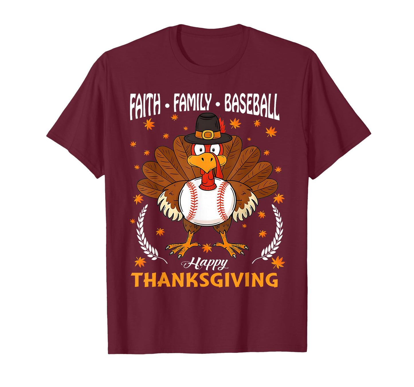 Faith Family Baseball Turkey Thanksgiving Baseball Boy Men T-Shirt